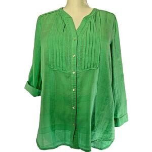 JM Collection Green Top Pintucked Lace Trim 100% Cotton 3/4‎ Sleeves Roll Tab Sm